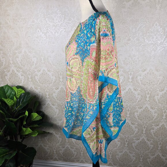 Talbots Size S/M Turquoise Coral Paisley Butterfly Sleeve Kimono Top Silk Sheer - Picture 4 of 10